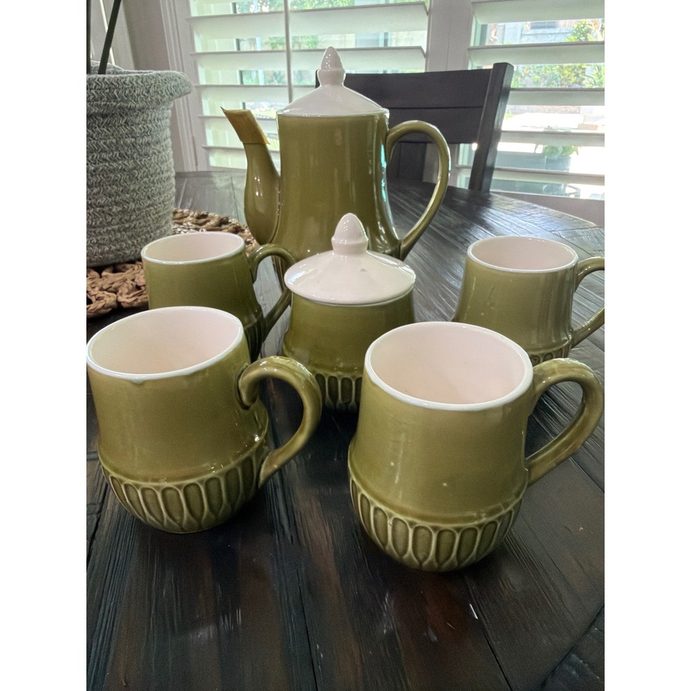 Vintage Avocado Green Ceramic Tea Set Japan Teapot Sugar Bowl 4 Mugs MCM Retro